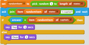 scratch script for selecting, asking, and checking a random trivia item