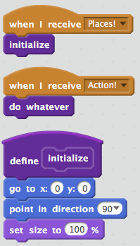 scripts for 'when I receive Places!', 'when I receive Action', and the definition for 'initialization'