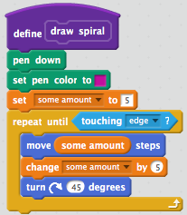 Scratch block definition for a sprite to draw a spiral, with repetition