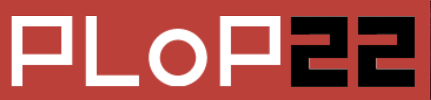 the logo of PLoP 2022, a red block with block letters, PLoP in white and 2022 in black