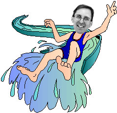 a cartoon image of a person on a water slide with Eugene Wallingford's head imposed on the body