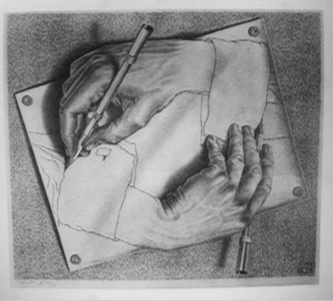 a pencil drawing of a hand drawing another hand, which is drawing the first hand