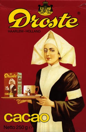 the label from a container of Droste cocoa, which consists of a woman holding a tray holding a mug with the Droste woman and... a box of Droste cocoa, with the same label